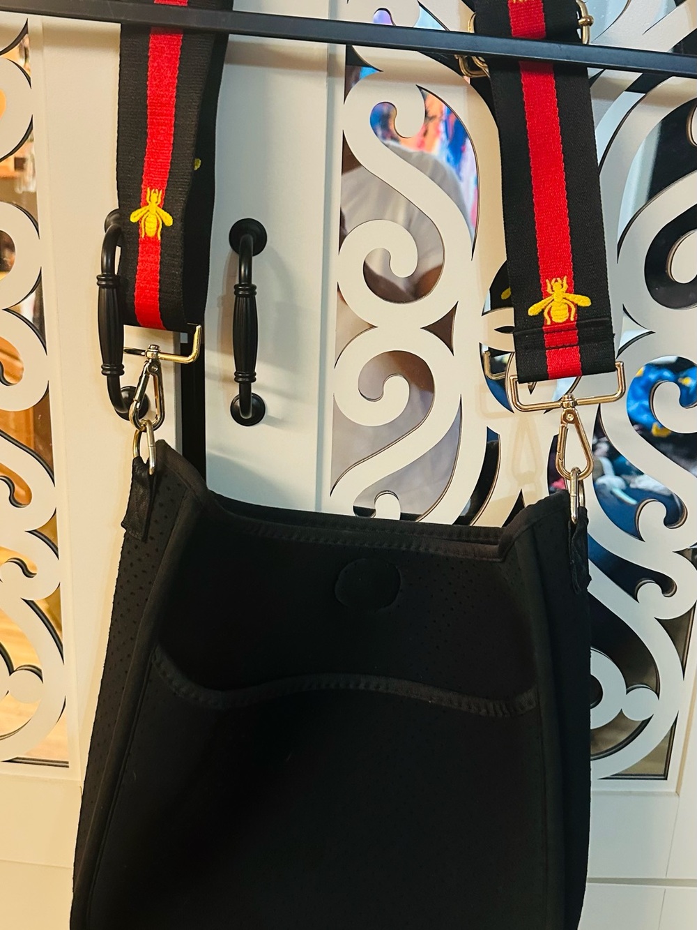Black Crossbody Bag with Red & Black Bee-Embroidered Strap
